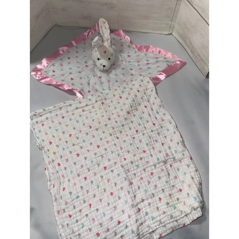 Bananafish Studio Bunny Lovey Security Blanket Muslin Swaddle Heart Print Pink